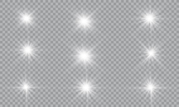 Světelný efekt záře. Vektorová ilustrace. Koncept vánočního blesku. Vektorová ilustrace abstraktních světelných paprsků. Sada hvězd, světla a záře, paprsky a jas. Světelný efekt záře. - Vektor, obrázek