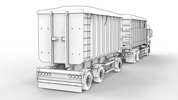Büyük beyaz kamyon nakliye tarım ve bina hacim materyalleri ve ürünleri için ayrı römork ile. 3D render. - Fotoğraf, Görsel