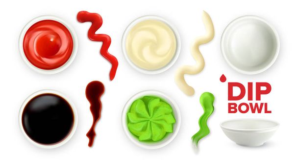 Empty Dip Bowl And Full With Sauce Set Vector - Vector, Image