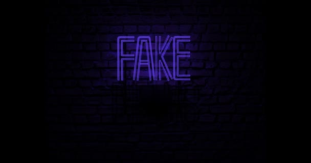 Neon sign stating fake news in blue color over a red brick wall at night. Video render. - Footage, Video