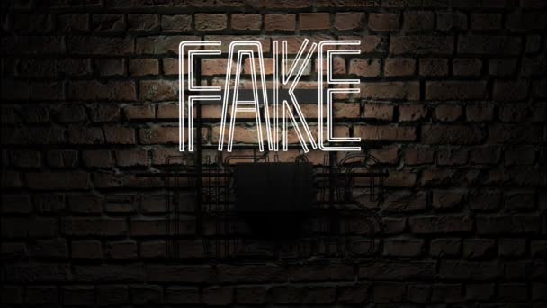 Neon sign stating fake news in yellow color over a red brick wall at night. Video render. - Footage, Video
