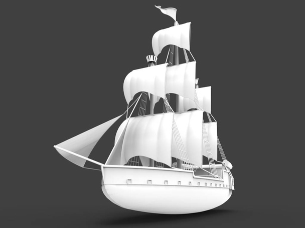 Driedimensionaal raster illustratie van een oud zeilschip op een grijze achtergrond met zachte schaduwen. 3D-rendering. - Foto, afbeelding