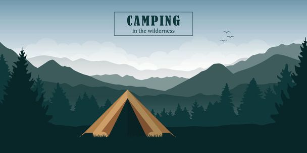 aventura de camping en la tienda de campaña salvaje en el bosque en el paisaje de montaña verde
 - Vector, Imagen