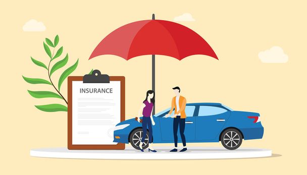 conceito de seguro automóvel com pessoas homens e mulheres com carros e vermelho guarda-chuva documento contrato na área de transferência - vetor
 - Vetor, Imagem