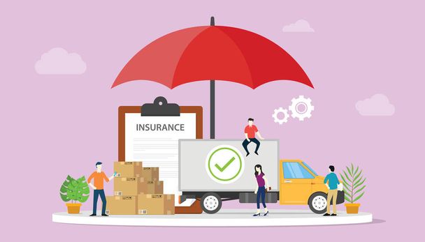 Logistikversicherung mit etwas Stapelkarton mit großem Schirmdeckel und Versicherungspapier Vertrag - Vektor - Vektor, Bild