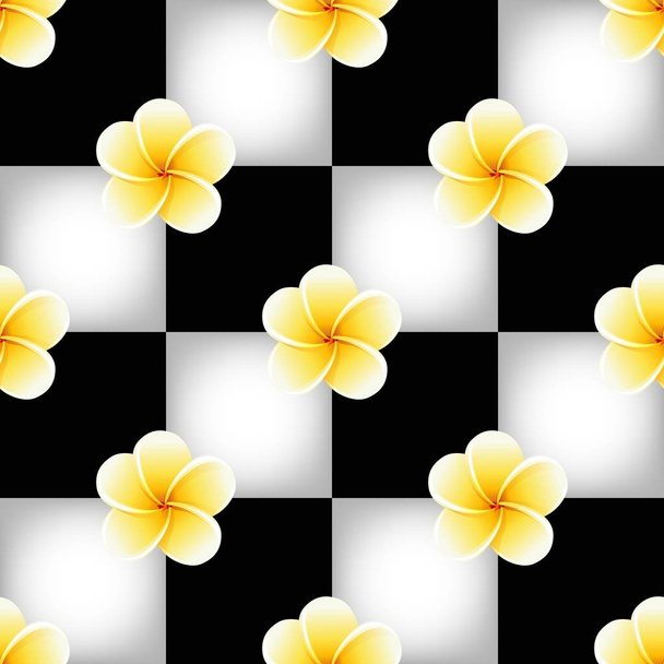 黒と白のチェスボードにプルメリアフランジパニの花とシームレスなパターン - ベクター画像