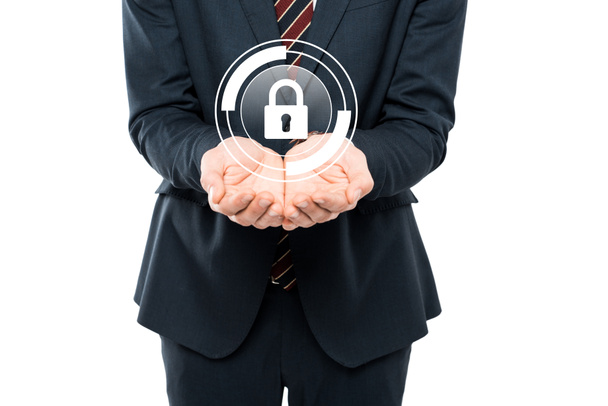 cropped view of businessman with cupped hands near virtual padlock isolated on white  - Photo, Image