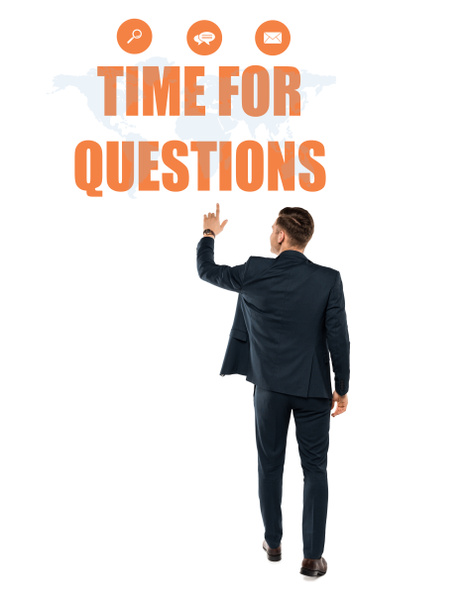 back view of man pointing with finger at time for questions lettering while standing on white  - Photo, Image