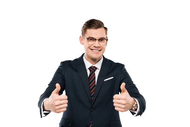 cheerful businessman in glasses showing thumbs up isolated on white  - Fotó, kép