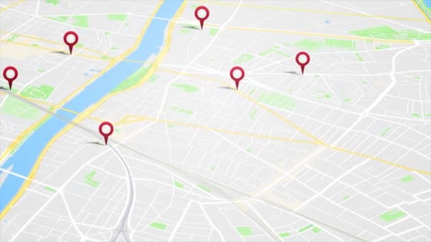 GPSピンアニメーションループ/GPSピンとアイコンが上昇して都市地図の背景を移動するアプリ画面の4kアニメーションを持つ都市地図 - 映像、動画