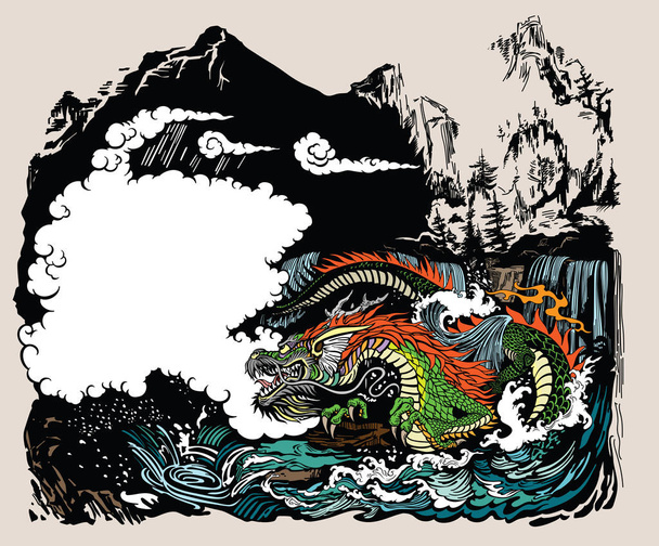 Китайский или восточноазиатский дракон хранитель вод земли. Пейзаж с горами, облаками, водопадами и водными волнами. Графическая векторная иллюстрация стиля
 - Вектор,изображение