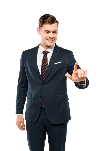 happy man in formal wear pointing with finger isolated on white  - Zdjęcie, obraz