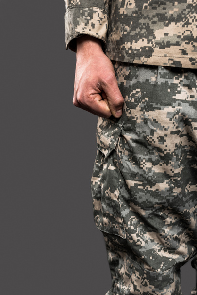 cropped view of soldier in military uniform isolated on grey - 写真・画像