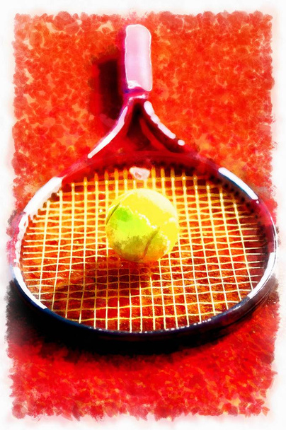 tennis court with tennis racket and ball and antuka background and computer painting effect. - Photo, Image