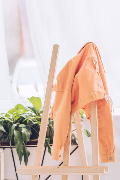 wooden easel with orange jacket near green plants in light room - Фото, изображение