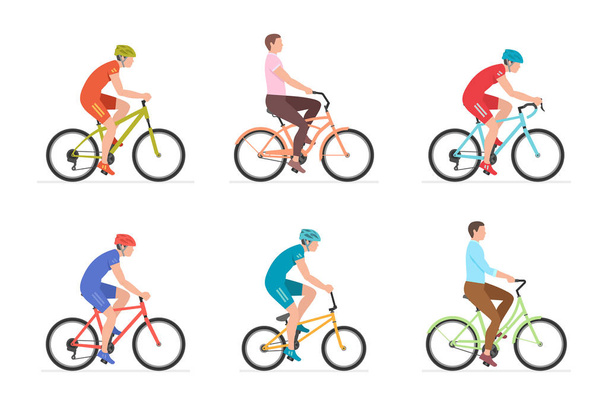 Conjunto de hombres montando bicicletas. aislado sobre fondo blanco
 - Vector, Imagen