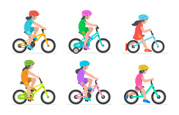 Satz von Mädchen Fahrrad fahren. isoliert auf weißem Hintergrund - Vektor, Bild