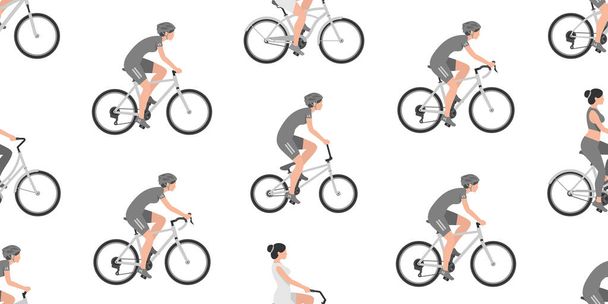 Seamless pattern with Women riding bicycles. isolated on white background - Vector, Image
