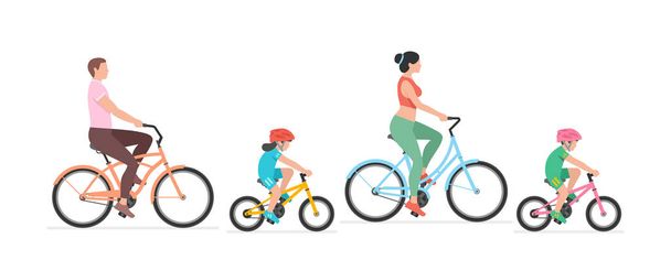 Ευτυχισμένη οικογένεια που ιππεύει ποδήλατο μαζί. Ομάδα ανθρώπων που ιππεύει ποδήλατα. απομονώνονται σε λευκό φόντο - Διάνυσμα, εικόνα