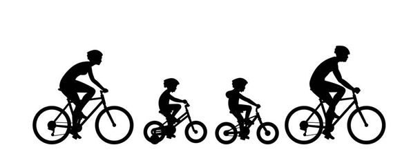 Boldog családi lovaglás biciklit együtt. Emberek csoportja lovaglás biciklit. izolált fehér háttér - Vektor, kép