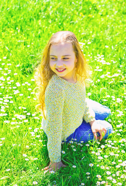 Дівчина сидить на траві на трав'яному фоні. Концепція Гейдея. Дівчина на усміхненому обличчі проводить дозвілля на відкритому повітрі. Дитина насолоджується весняною сонячною погодою, сидячи на лузі
 - Фото, зображення