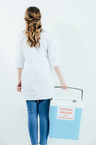 visão traseira do médico de casaco branco segurando balde para transplante isolado em branco
 - Foto, Imagem
