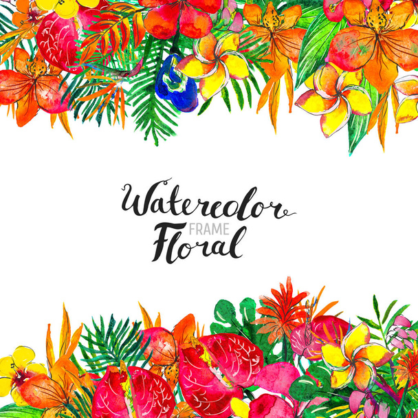 Watercolor Background with tropical plants and flowers - Foto, imagen