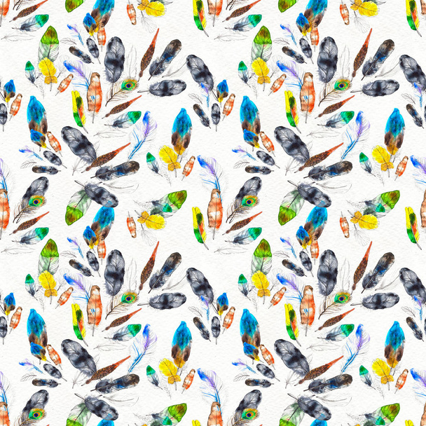 Watercolor feathers seamless pattern. Hand painted texture - Foto, immagini