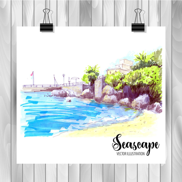 Hand drawn seascape Sketch for your design,Drawn in color ink or markers on white background - Vector, Image