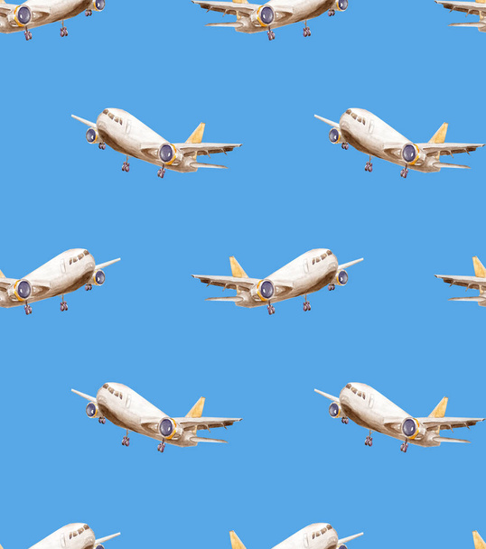 Modello continuo di cielo blu chiaro e aerei con coda gialla e ali bianche che volano in direzioni diverse e trasportano merci e passeggeri
 - Foto, immagini