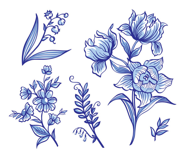 A set of decorative flowers in the Dutch style. Painted Delft, gzhel, china. - Vektor, kép