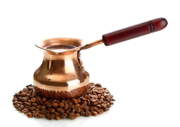 Coffee pot and coffee beans, isolated on white - Φωτογραφία, εικόνα