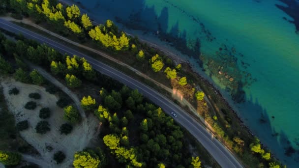 Θέα από πάνω από το αυτοκίνητο κινείται σε άσφαλτο δρόμο που περιβάλλεται από ακτές της θάλασσας παραλία και πράσινο πυκνό δάσος στην Ελλάδα - Πλάνα, βίντεο