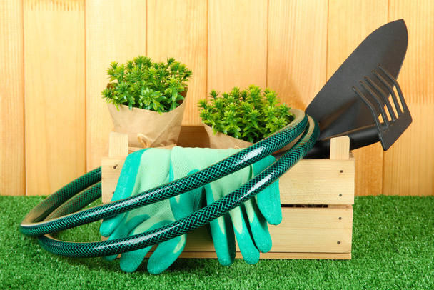 Garden tools on grass in yard - Фото, изображение