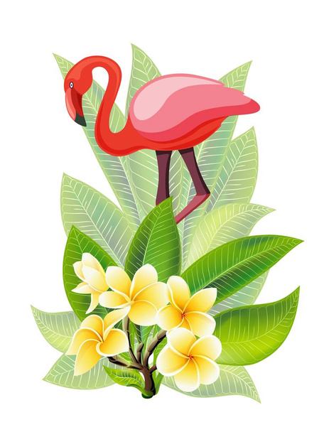Letni projekt reklamy z flamingiem, tropikalnymi liśćmi i kwiatami - Wektor, obraz