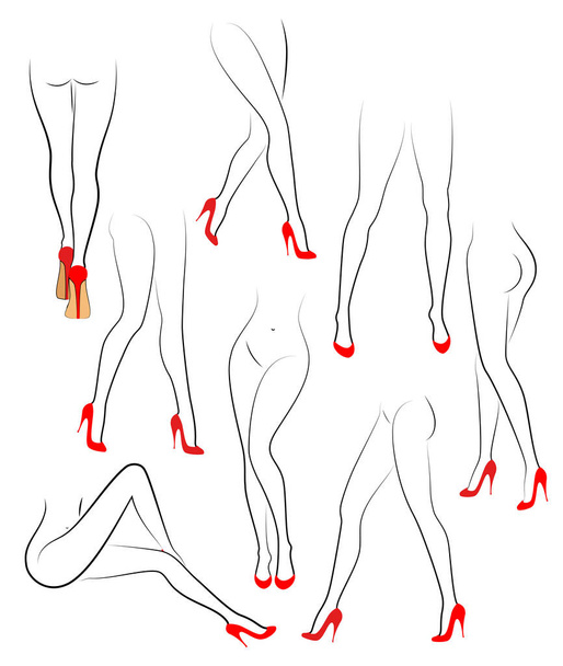 Collection. Silhouette figure of a lady. Slender legs of a young girl in red shoes. A woman stands, goes, sits. Set of vector illustrations - Vector, Image