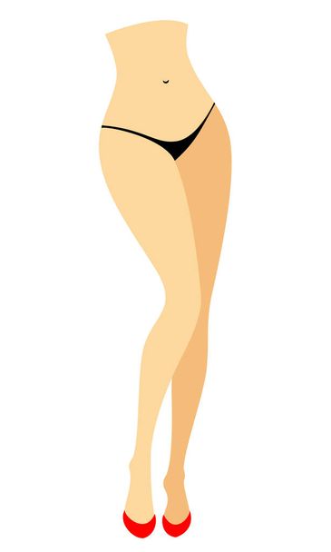 Silhouette figure of a lady in a bikini. Slender legs of a young girl in red shoes. The woman is coming. Feet well-groomed, beautiful silky skin. Vector illustration - Vector, Image