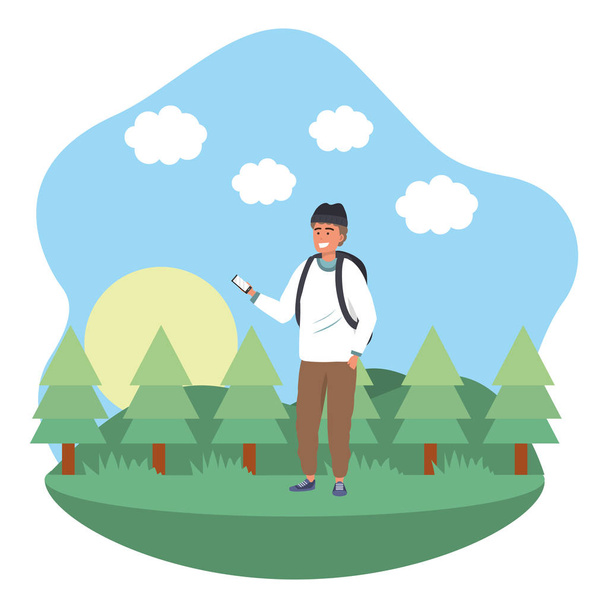 Millennial student dragen muts en rugzak buitenshuis texting met behulp van smartphone gras en bomen natuur achtergrond frame vector illustratie grafisch ontwerp - Vector, afbeelding