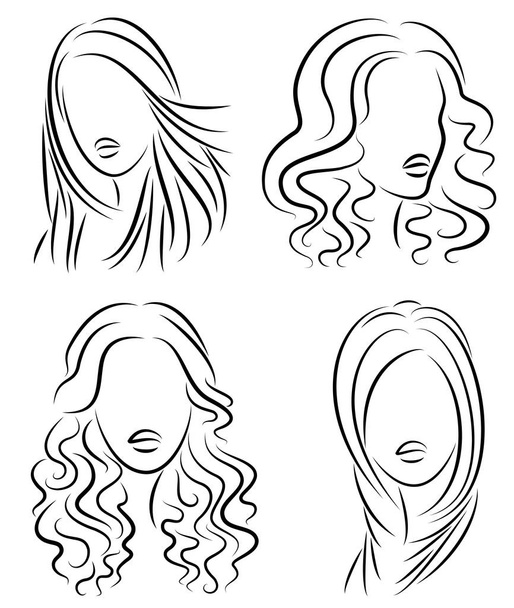 Coleção. Silhueta da cabeça de uma senhora bonita. A menina mostra seu penteado no cabelo longo e médio. Adequado para logotipo, publicidade. Conjunto de ilustrações vetoriais
 - Vetor, Imagem