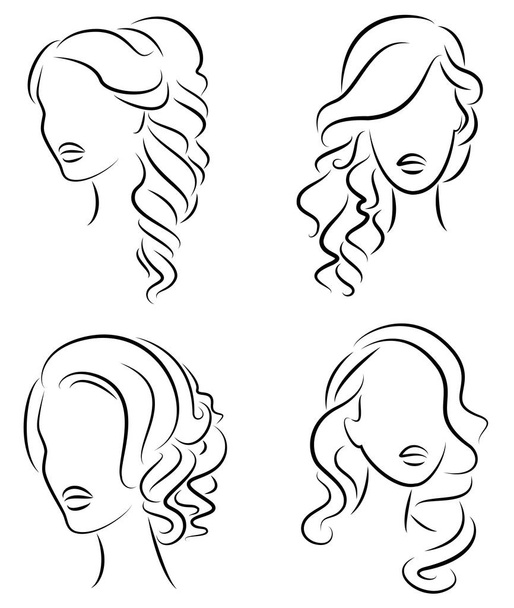 Collection. Silhouette profile of a cute lady s head. The girl shows her hairstyle for medium and long hair. Suitable for logo, advertising. Vector illustration set - Vector, Image
