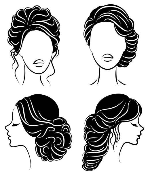 Kolekce. Obrys roztomilé ženské hlavy. Ta dívka ukazuje účes na střední a dlouhé vlasy. Vhodné pro logo, reklamu. Vektorová sada ilustrace - Vektor, obrázek
