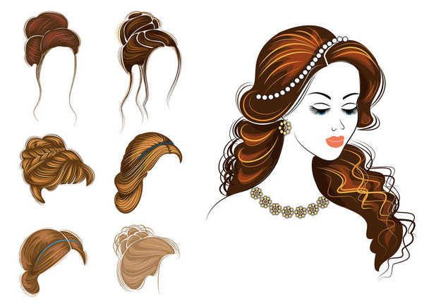 Dlouhé copánky tvořivé hnědé vlasy, izolované na bílém pozadí. Účesy ženy. Sada vektorových ilustrací - Vektor, obrázek