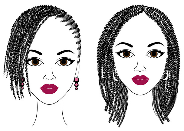 Kolekce. Profil hlavy sladkých Dam. Africká americká děvčata vykazují účes na dlouhé a střední vlasy. Siluety žen jsou krásné a elegantní. Vektorová sada ilustrace - Vektor, obrázek