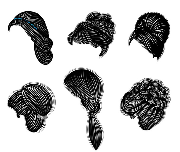 Kolekcja kobiecych fryzur dla krótkich, długich i średnich włosów. Fryzury są modne, piękne i stylowe. Dla Brunetki, blondynki i brązowe włosy. Zestaw ilustracji wektorowych - Wektor, obraz