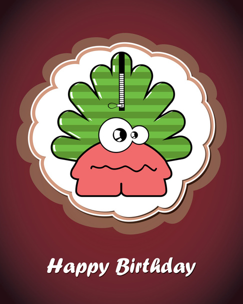 Happy birthday card with cute cartoon monster - Vector, imagen