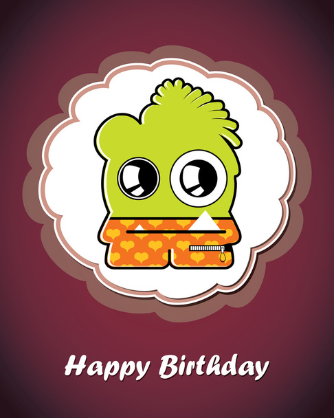 Happy birthday card with cute cartoon monster - Vector, afbeelding