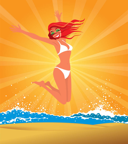 Κορίτσι που πηδάει στην παραλία - Διάνυσμα, εικόνα