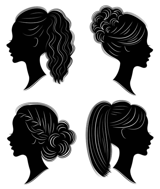 Kokoelma. Suloisen naisen pään siluetti. Kaunis tyttö näyttää kaunis nainen kampauksen keskipitkän ja pitkät hiukset. Sopii logo, mainonta. Vektoriesimerkki
 - Vektori, kuva