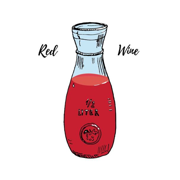Üveg bor kancsó tele vörösbor vektor illusztráció izolált fehér. Kézzel rajzolt vázlat. Olasz és francia tipikus házi bort szolgáló hajót. Menüikon - Vektor, kép