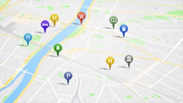 GPSピンアニメーションループ/GPSピンとアイコンが上昇して都市地図の背景を移動するアプリ画面の4kアニメーションを搭載したスマートフォンアプリマップ - 映像、動画